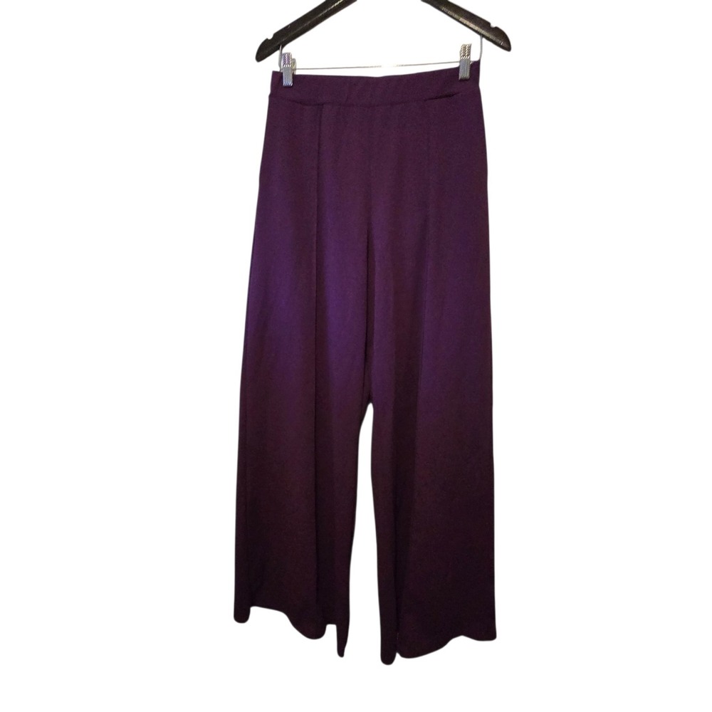 Pull-on Wide Leg Palazzo Pants Womens LG Purple Pockets Retro Stretchy Comfort